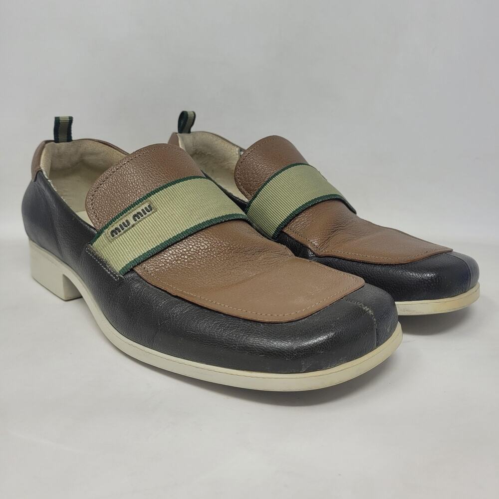 Miu Miu Shoes Mens 6.5 Brown Green Leather Colorblock Loafers Slip On Sporty